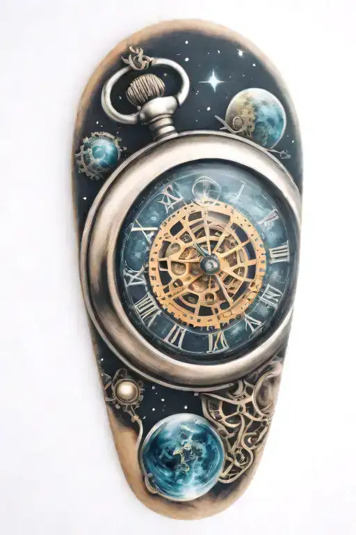 A mechanical pocket watch with intricate stars, planets, galaxies tattoo design idea