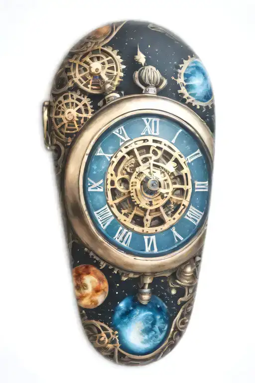 A mechanical pocket watch with intricate stars, planets, galaxies tattoo design idea