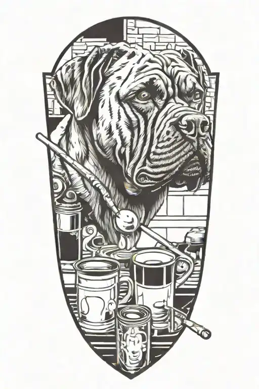 Tools arranged in the shape of a shield with a cane corso  smoking a cigarette and drinking a cup of coffee   tattoo design idea