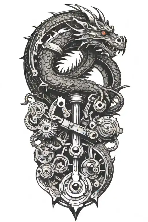 A mechanic's toolset arranged in the shape dragon emerging tattoo design idea