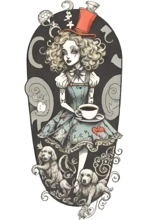 alice in wonderland holding a poodle dog with a cup of coffee reading a book   tattoo design idea