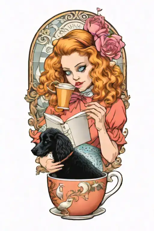 alice in wonderland reading a book with a cup of coffee and a poodle dog tattoo design idea