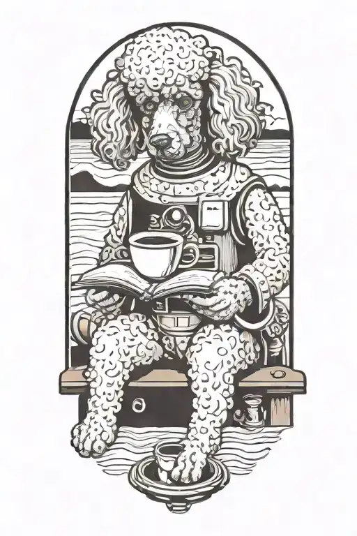 A Poodle reading a book with a cup of coffee on the beach tattoo design idea