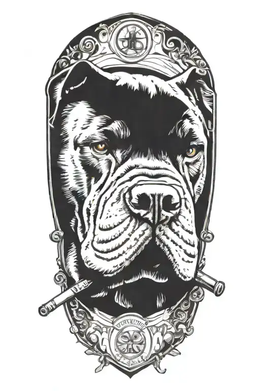 Tools arranged in the shape of a shield with a cane corso  smoking a pipe and drinking a cup of coffee   tattoo design idea