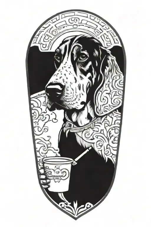 Tools arranged in the shape of a shield with a Basset hound smoking a cigarette and drinking a cup of coffee centered tattoo design idea