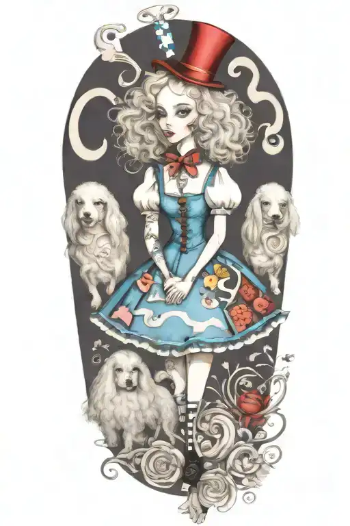 alice in wonderland holding poodle dog playing tattoo design idea