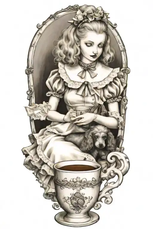 alice in wonderland reading a book with a cup of coffee and a poodle dog tattoo design idea