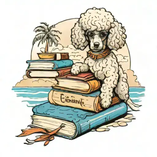 A Poodle perched on a stack of books, with a beach scene in the background and a poodle peeking out from behind tattoo design idea