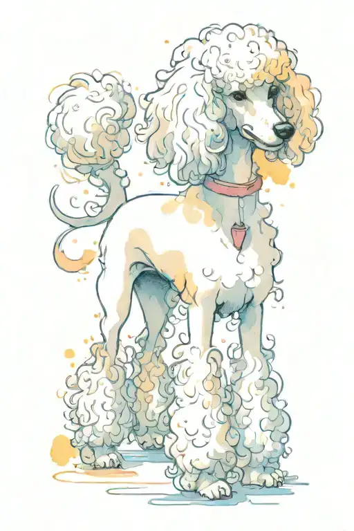 tall poodle, no haircut, smiling and showing tail at the same time tattoo design idea