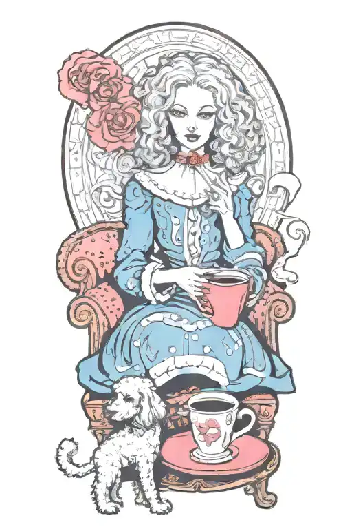 alice in wonderland reading a book with a cup of coffee and a poodle dog tattoo design idea