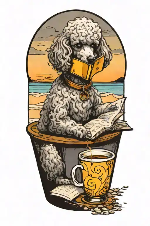 A Poodle reading a book with a cup of coffee on the beach tattoo design idea