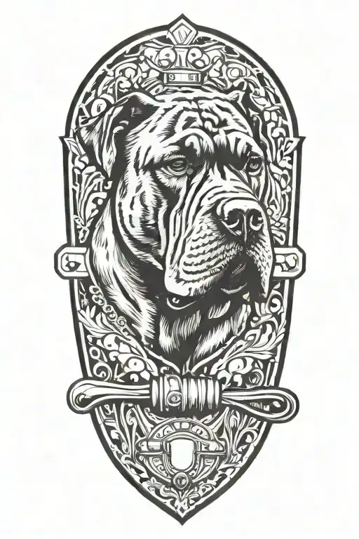 Tools arranged in the shape of a shield with a cane corso  smoking a pipe    tattoo design idea