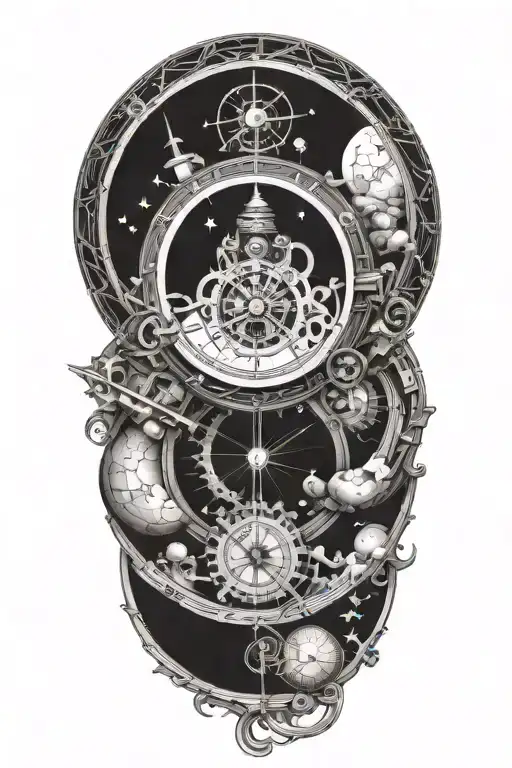 A mechanical clock with intricate astronomy tattoo design idea