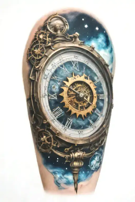 A mechanical clock with intricate astronomy tattoo design idea