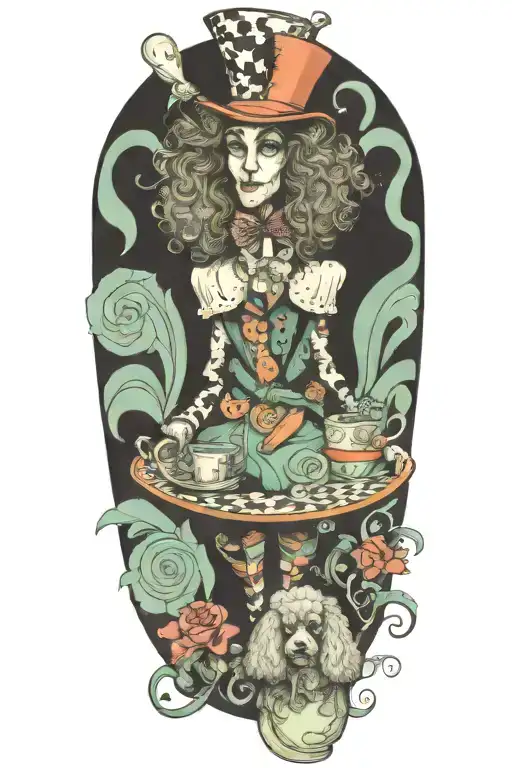 mad hatter with a poodle  tattoo design idea