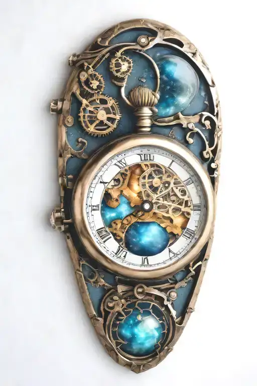 A mechanical pocket watch with intricate stars, planets, galaxies tattoo design idea