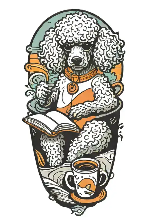 A Poodle reading a book with a cup of coffee on the beach tattoo design idea