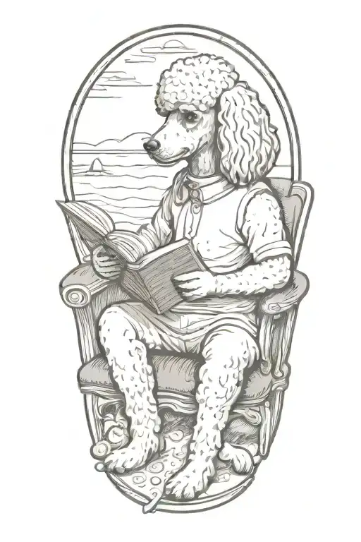 A Poodle reading a book with a cup of coffee on the beach tattoo design idea