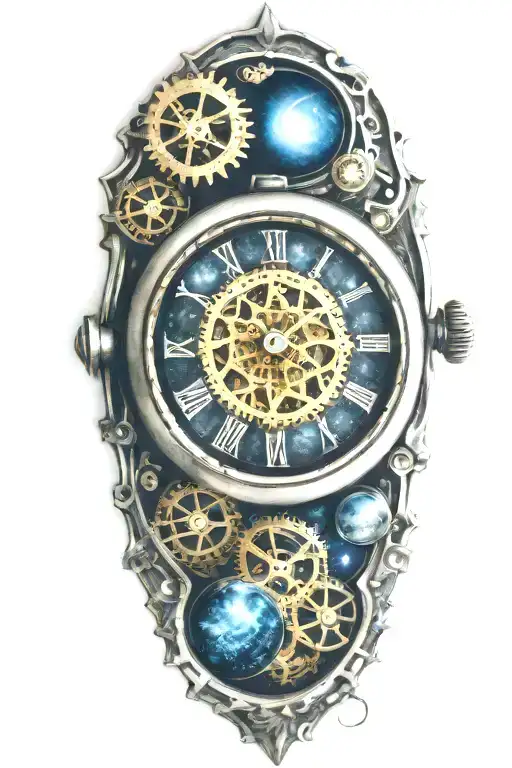 A mechanical pocket watch with intricate stars, planets, galaxies tattoo design idea