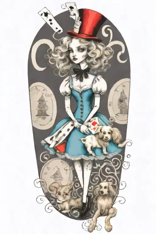 alice in wonderland holding poodle dog playing card tattoo design idea