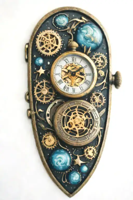 A mechanical pocket watch with intricate stars, planets, galaxies tattoo design idea