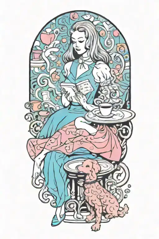 alice in wonderland reading a book with a cup of coffee and a poodle dog tattoo design idea
