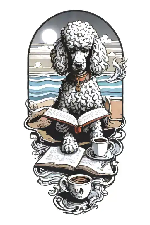 A Poodle reading a book with a cup of coffee on the beach tattoo design idea