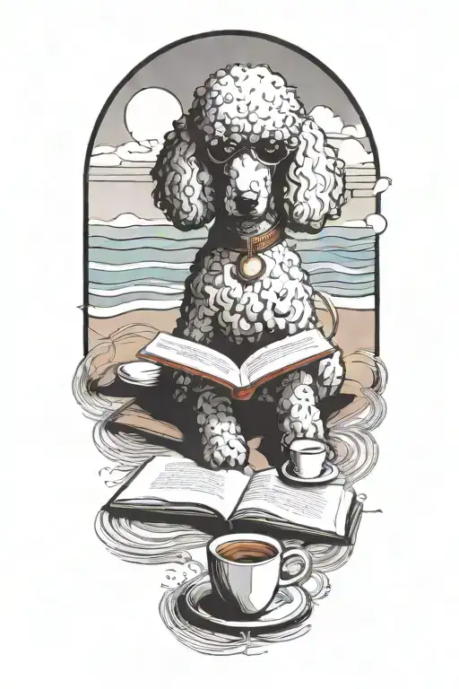 A Poodle reading a book with a cup of coffee on the beach tattoo design idea