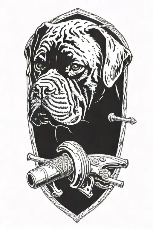Tools bordering a knights shield with a cane corso  smoking a calabash pipe    tattoo design idea