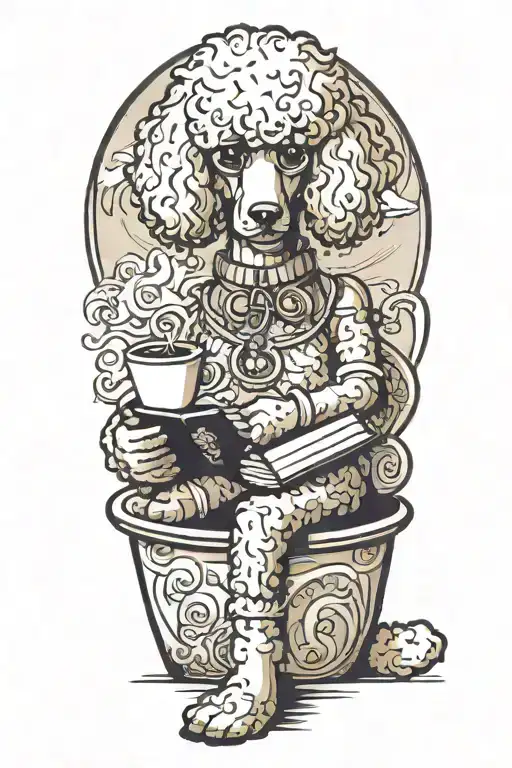A Poodle reading a book with a cup of coffee on the beach tattoo design idea