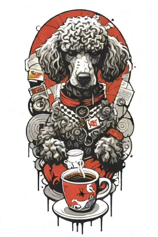 A Poodle reading a book with a cup of coffee on the beach tattoo design idea