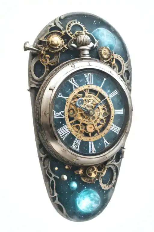 A mechanical pocket watch with intricate stars, planets, galaxies tattoo design idea