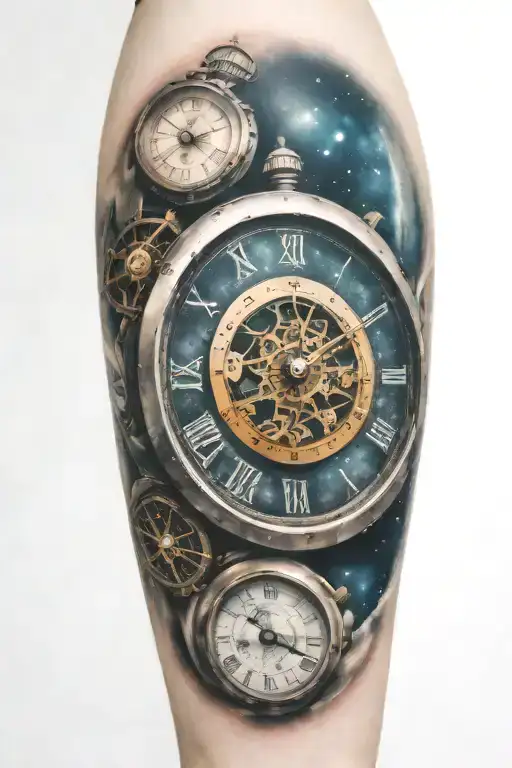 A mechanical clock with intricate astronomy tattoo design idea