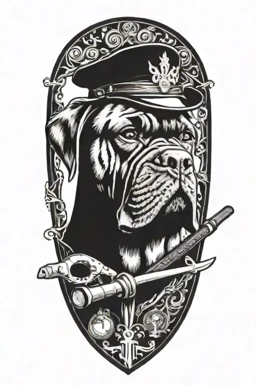 Tools bordering a knights shield with a cane corso  smoking a pipe    tattoo design idea