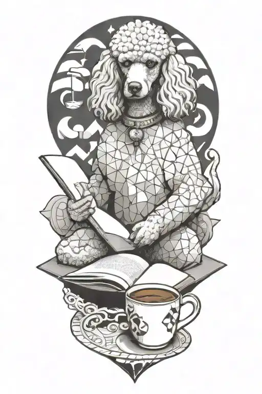 A Poodle reading a book with a cup of coffee on the beach tattoo design idea