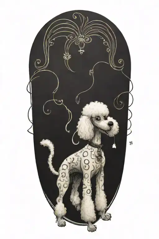 tall poodle, no haircut, smiling and showing tail at the same time tattoo design idea