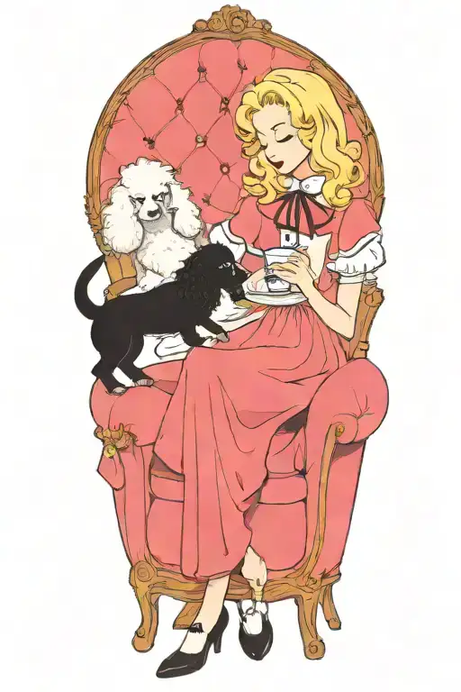 alice in wonderland reading a book with a cup of coffee and a poodle dog tattoo design idea