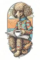 A Poodle reading a book with a cup of coffee on the beach tattoo design idea