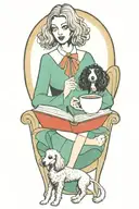 alice in wonderland reading a book with a cup of coffee and a poodle dog tattoo design idea