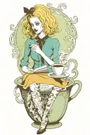 alice in wonderland reading a book with a cup of coffee and a poodle dog tattoo design idea