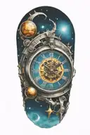 A mechanical clock with intricate astronomy tattoo design idea
