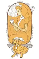 alice in wonderland reading a book with a cup of coffee and a poodle dog tattoo design idea