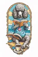 A Poodle reading a book with a cup of coffee on the beach tattoo design idea