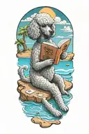A Poodle reading a book with a cup of coffee on the beach tattoo design idea