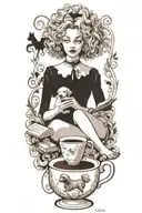 alice in wonderland reading a book with a cup of coffee and a poodle dog tattoo design idea