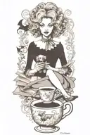 alice in wonderland reading a book with a cup of coffee and a poodle dog tattoo design idea