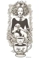 alice in wonderland reading a book with a cup of coffee and a poodle dog tattoo design idea