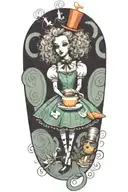 alice in wonderland, cup of coffee, book, poodle tattoo design idea