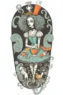 alice in wonderland, cup of coffee, book, poodle tattoo design idea