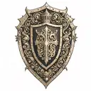 An abstract representation of a knight's shield incorporating coffee beans and animal silhouettes tattoo design idea